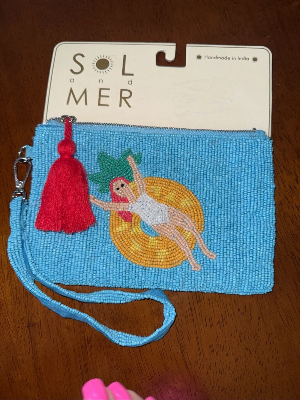 Beaded  Wristlet Pouch in Blue & Red NEE